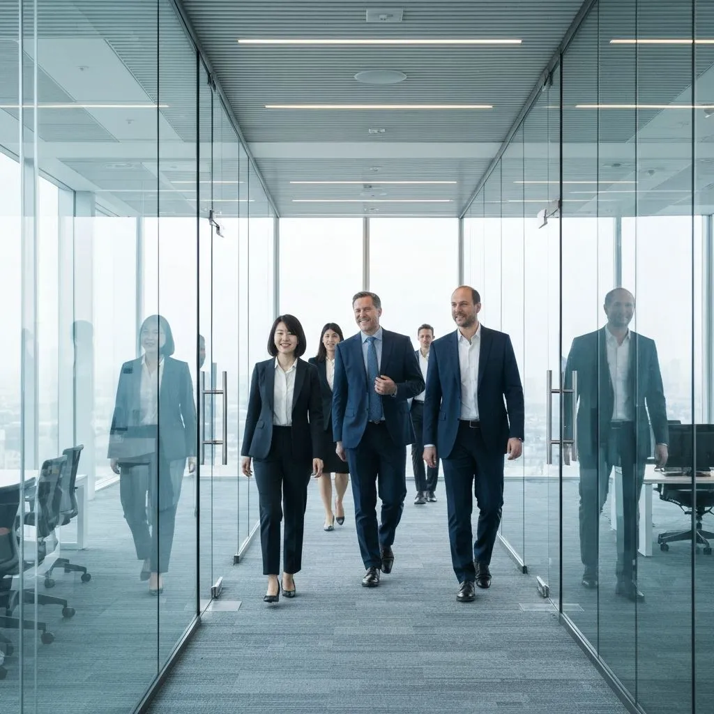 Profissionais em escritório corporativo moderno com gestão de riscos psicossociais NR-1